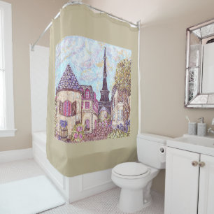 Paris Eiffel Tower pointillism shower curtain tan