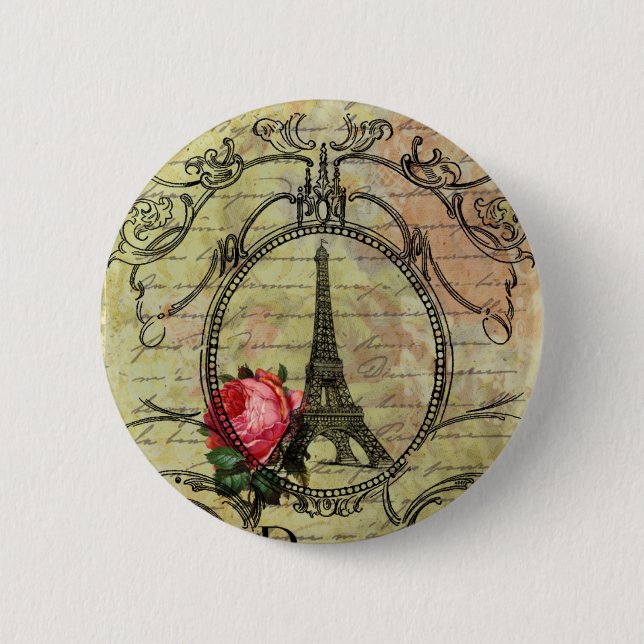 Paris Eiffel Tower & Red Rose Steampunk 6 Cm Round Badge (Front)