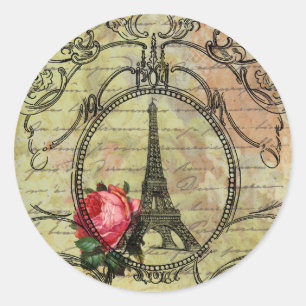 Paris Eiffel Tower & Red Rose Steampunk Classic Round Sticker