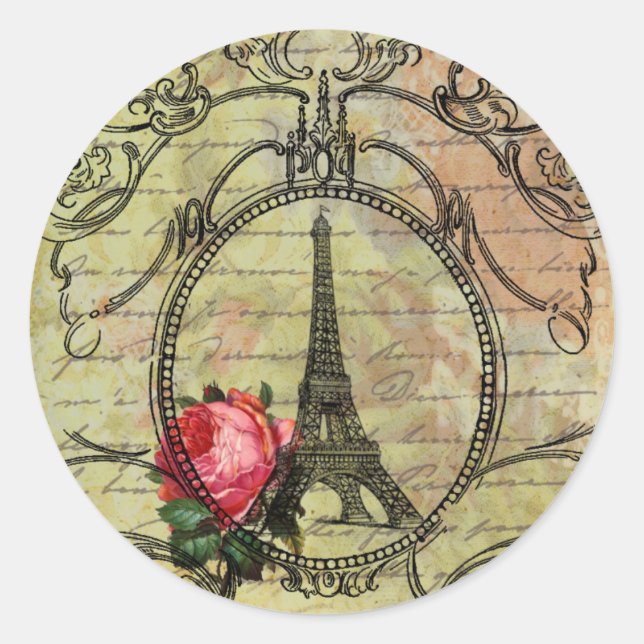 Paris Eiffel Tower & Red Rose Steampunk Classic Round Sticker (Front)