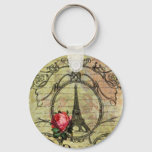 Paris Eiffel Tower & Red Rose Steampunk Key Ring