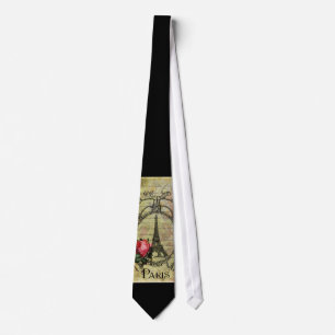 Paris Eiffel Tower & Red Rose Steampunk Tie