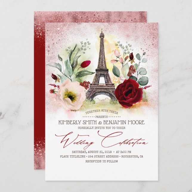 Paris Eiffel Tower Rose Gold and Burgundy Wedding Invitation (Front/Back)