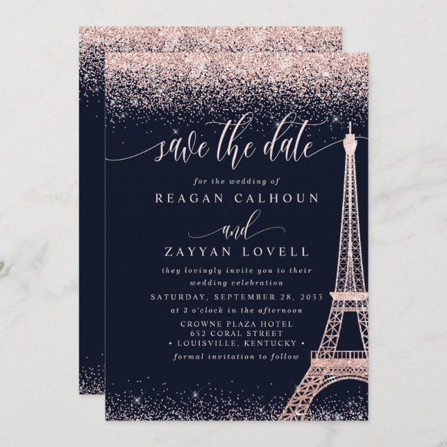 Paris Eiffel Tower Rose Gold Save The Date Card (Front/Back)