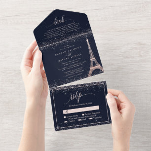 Paris Eiffel Tower Rose Gold Sparkle Wedding All I In One Invitation