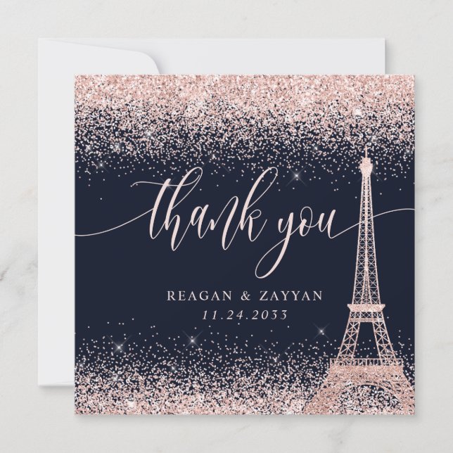 Paris Eiffel Tower Rose Gold Wedding Thank You Card (Front)