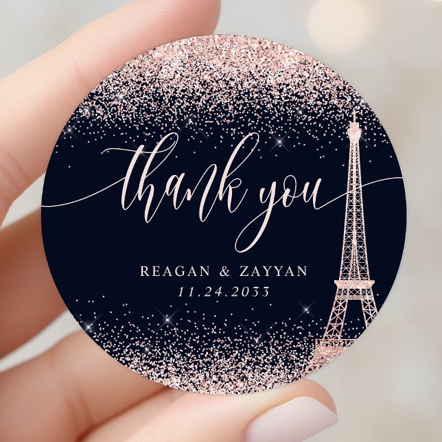 Paris Eiffel Tower Rose Gold Wedding Thank You Classic Round Sticker (Creator Uploaded)