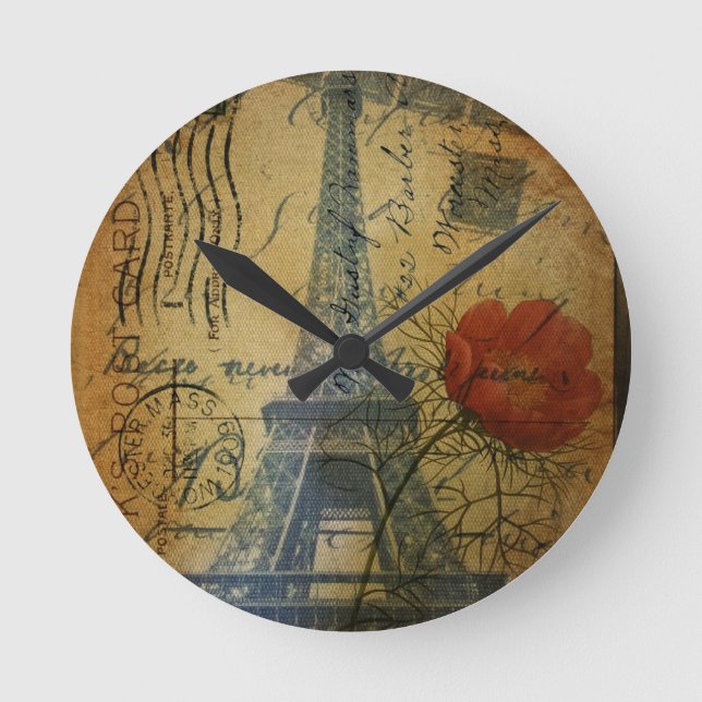 Paris Eiffel Tower shabby chic poppy flower Round Clock (Front)