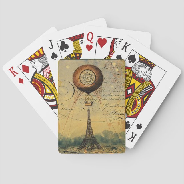 Paris Eiffel Tower Steampunk Hot Air Balloon Playing Cards (Back)