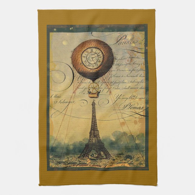Paris Eiffel Tower Steampunk Hot Air Balloon Tea Towel (Vertical)