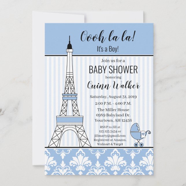 Paris Eiffel Tower Theme Baby Shower blue boy Invitation (Front)