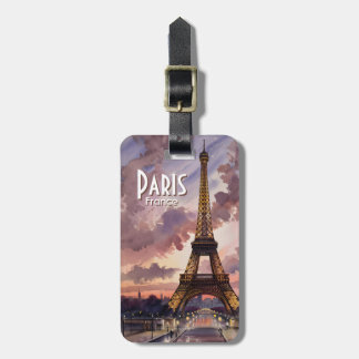 Paris Eiffel Tower Twilight Watercolor Custom Text Luggage Tag
