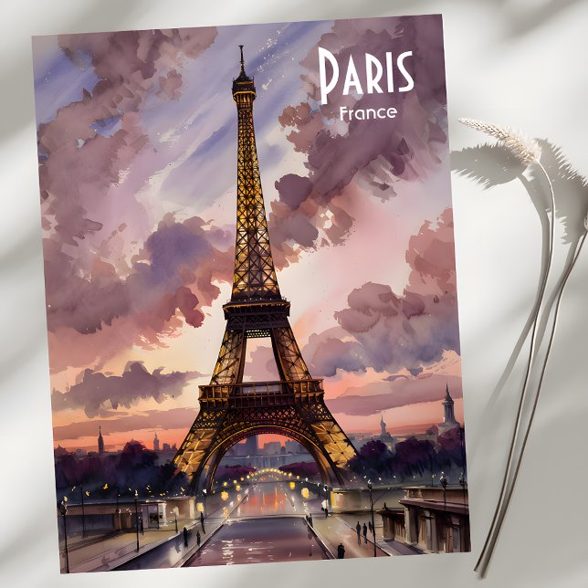 Paris Eiffel Tower Twilight Watercolor Custom Text Postcard (Paris Eiffel Tower Twilight Watercolor Custom Text Postcard)