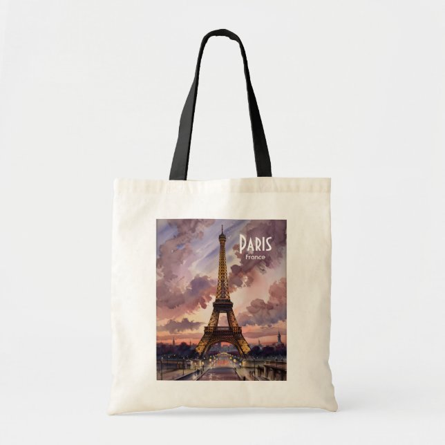 Paris Eiffel Tower Twilight Watercolor Custom Text Tote Bag (Front)