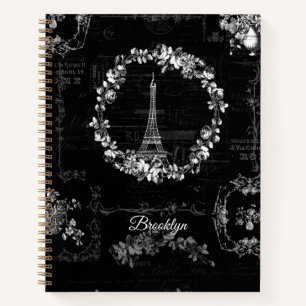 Paris Eiffel Tower Vintage Flowers Ephemera Black Notebook