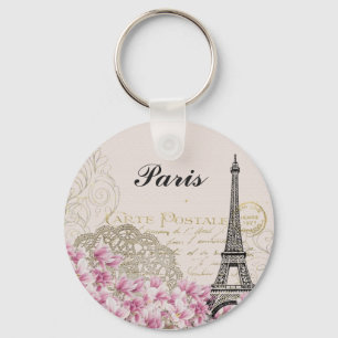 Paris Eiffel Tower Vintage Pink Flowers Key Ring