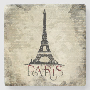 Paris, Eiffel Tower Vintage Script Stone Coaster