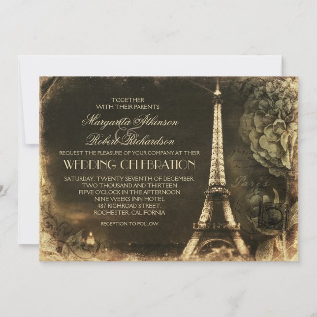 Paris Eiffel tower vintage wedding invitations (Front)
