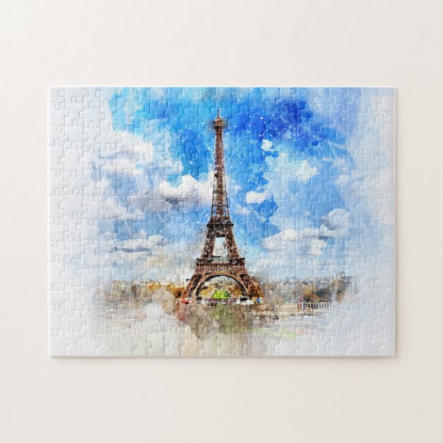 Paris Eiffel Tower Watercolor Painted Jigsaw Puzzle (Horizontal)