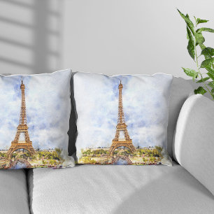 Paris Eiffel Tower Watercolor – Sunset #02  Cushion