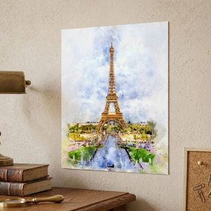 Paris Eiffel Tower Watercolor – Sunset #02  Poster