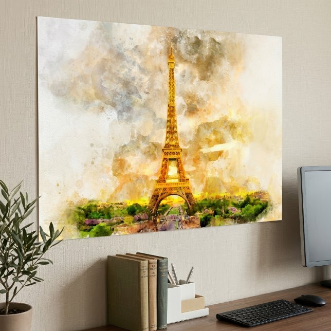 Paris Eiffel Tower Watercolor Sunset Art Print (Paris Eiffel Tower Watercolor Sunset Art Print. Poster)