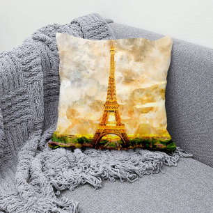 Paris Eiffel Tower Watercolor Sunset Art Print Cushion