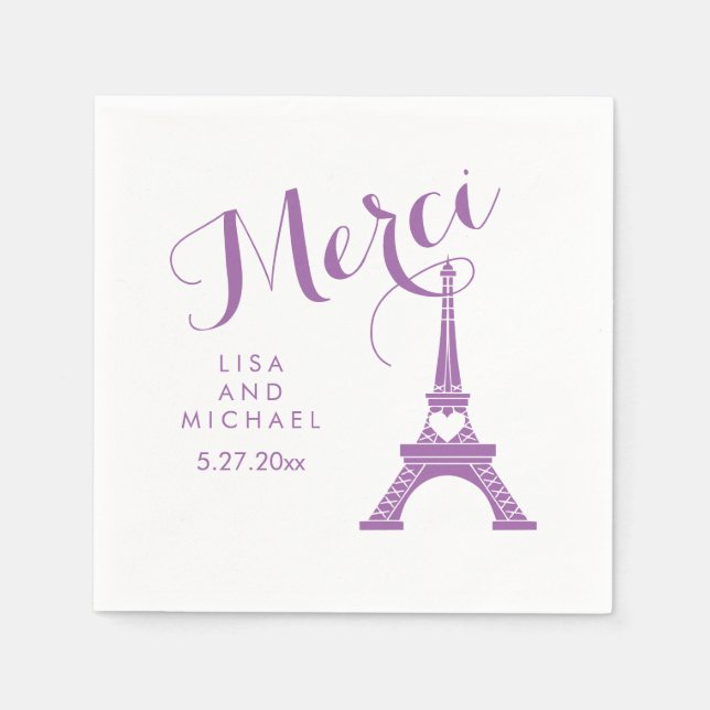 Paris Eiffel Tower Wedding Purple Merci Thank You Napkin (Front)