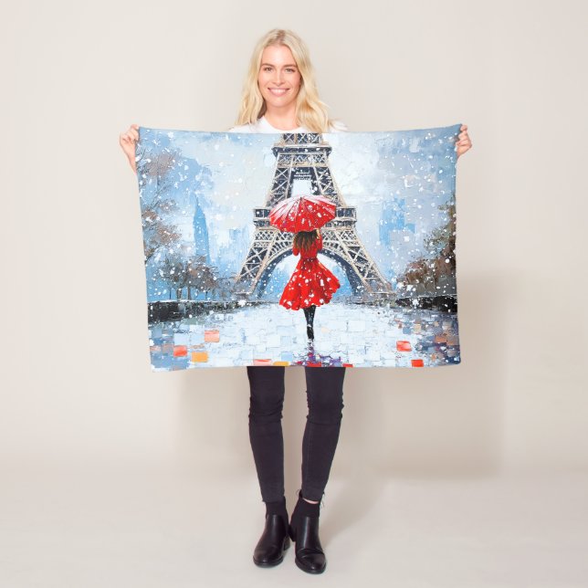 Paris Eiffel Tower Winter Romance Red Umbrella  Fleece Blanket (In Situ)