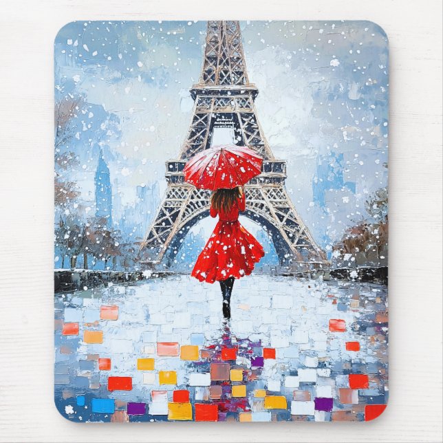 Paris Eiffel Tower Winter Romance Red Umbrella  Mouse Pad (Front)