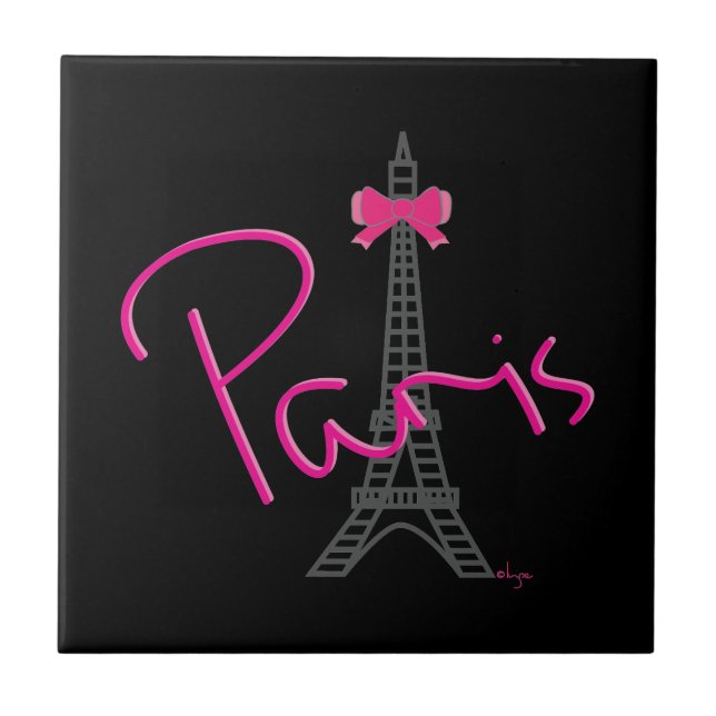 Paris Eiffel Tower with pink bow Ceramic Tile (Front)
