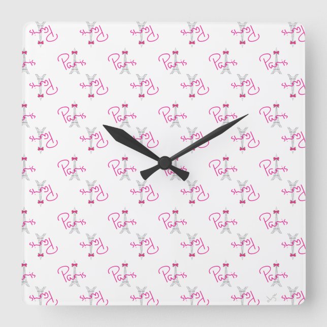 PARIS, Eiffel Tower with pink Bow Square Wall Clock (Front)