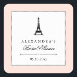 Paris Elegance Bridal Shower Square Sticker<br><div class="desc">These chic stickers are the perfect touch for your elegant,  Paris themed bridal shower. Featuring a soft pink background,  faux silver frame,  an image of the Eiffel Tower,  and elegant black text.</div>