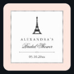 Paris Elegance Bridal Shower Square Sticker<br><div class="desc">These chic stickers are the perfect touch for your elegant,  Paris themed bridal shower. Featuring a soft pink background,  faux silver frame,  an image of the Eiffel Tower,  and elegant black text.</div>