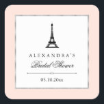 Paris Elegance Bridal Shower Square Sticker<br><div class="desc">These chic stickers are the perfect touch for your elegant,  Paris themed bridal shower. Featuring a soft pink background,  faux silver frame,  an image of the Eiffel Tower,  and elegant black text.</div>