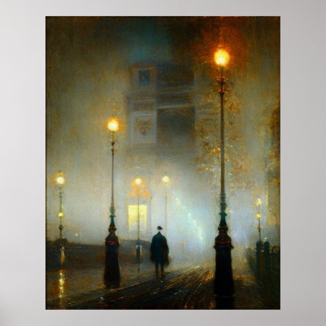 Paris evening rain lamps impressionist style poster (Front)