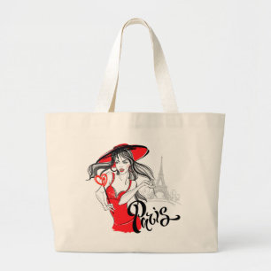 Paris Fashionable Woman Illustration Large Tote Bag