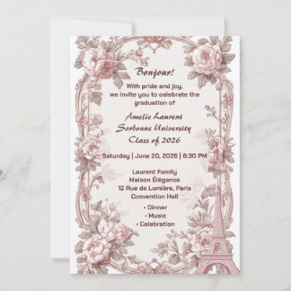 Paris Floral Elegant Pink Eiffel Tower Graduation Invitation