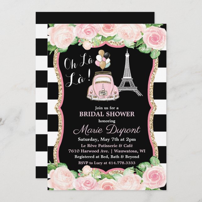Paris Floral Travel Theme Bridal Shower Invitation (Front/Back)