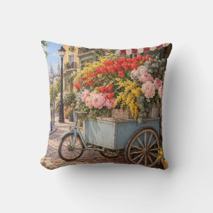 Paris Flower Cart Tulips Peonies Cushion