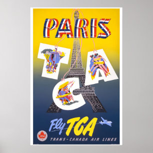 Paris - Fly TCA 1951 Vintage Style Airline Travel Poster
