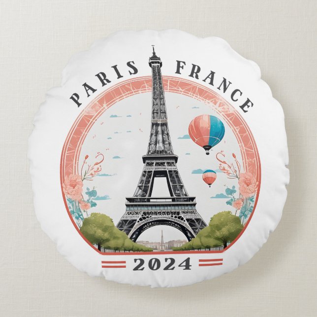 Paris France 2024 Lumbar Pillows, Eiffel Tower Round Cushion (Front)