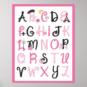 Paris France Alphabet A to Z on Hot Pink Poster