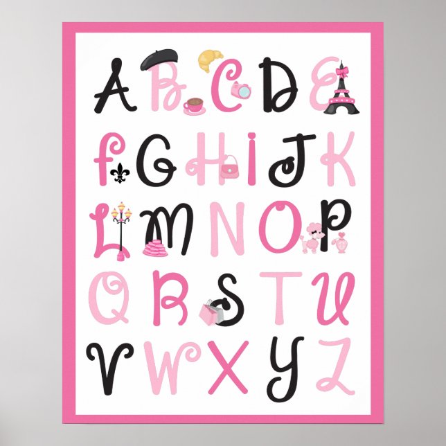 Paris France Alphabet A to Z on Hot Pink Poster (Front)