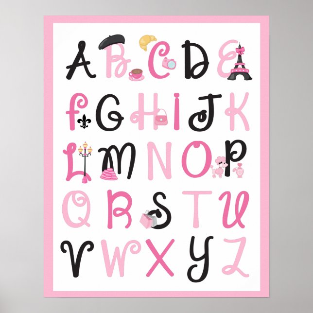 Paris France Alphabet A to Z on Light Pink Poster (Front)