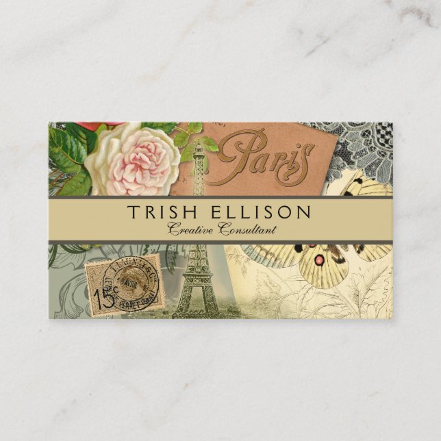 Paris France Antique Artwork Collage Eiffel French Business Card (Front)