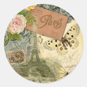 Paris France Antique Artwork Collage Eiffel French Classic Round Sticker