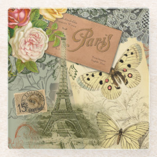 Paris France Antique Artwork Collage Eiffel French Glass Coaster