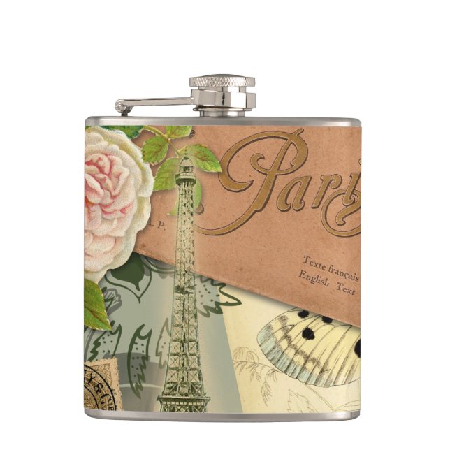 Paris France Antique Artwork Collage Eiffel French Hip Flask (Front)