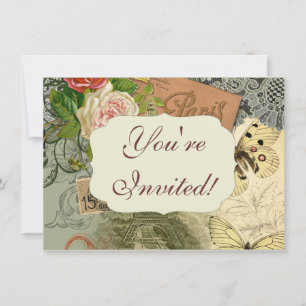 Paris France Antique Artwork Collage Eiffel French Invitation